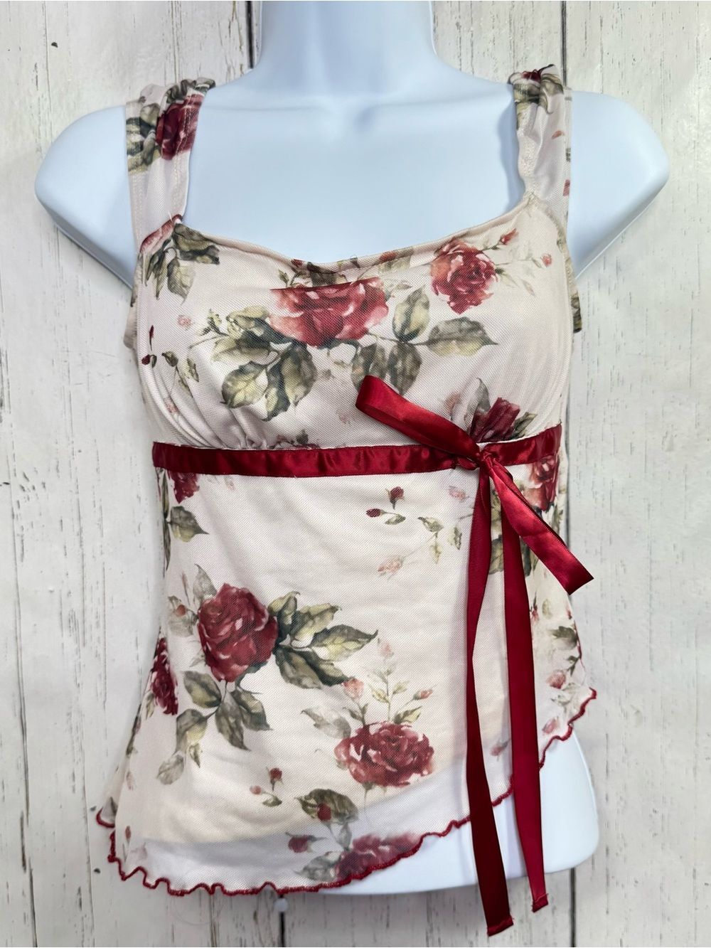 Shein Coquette Rose Print Mesh Fairycore Y2K Ribbon Cami Top XS Girly Cottage